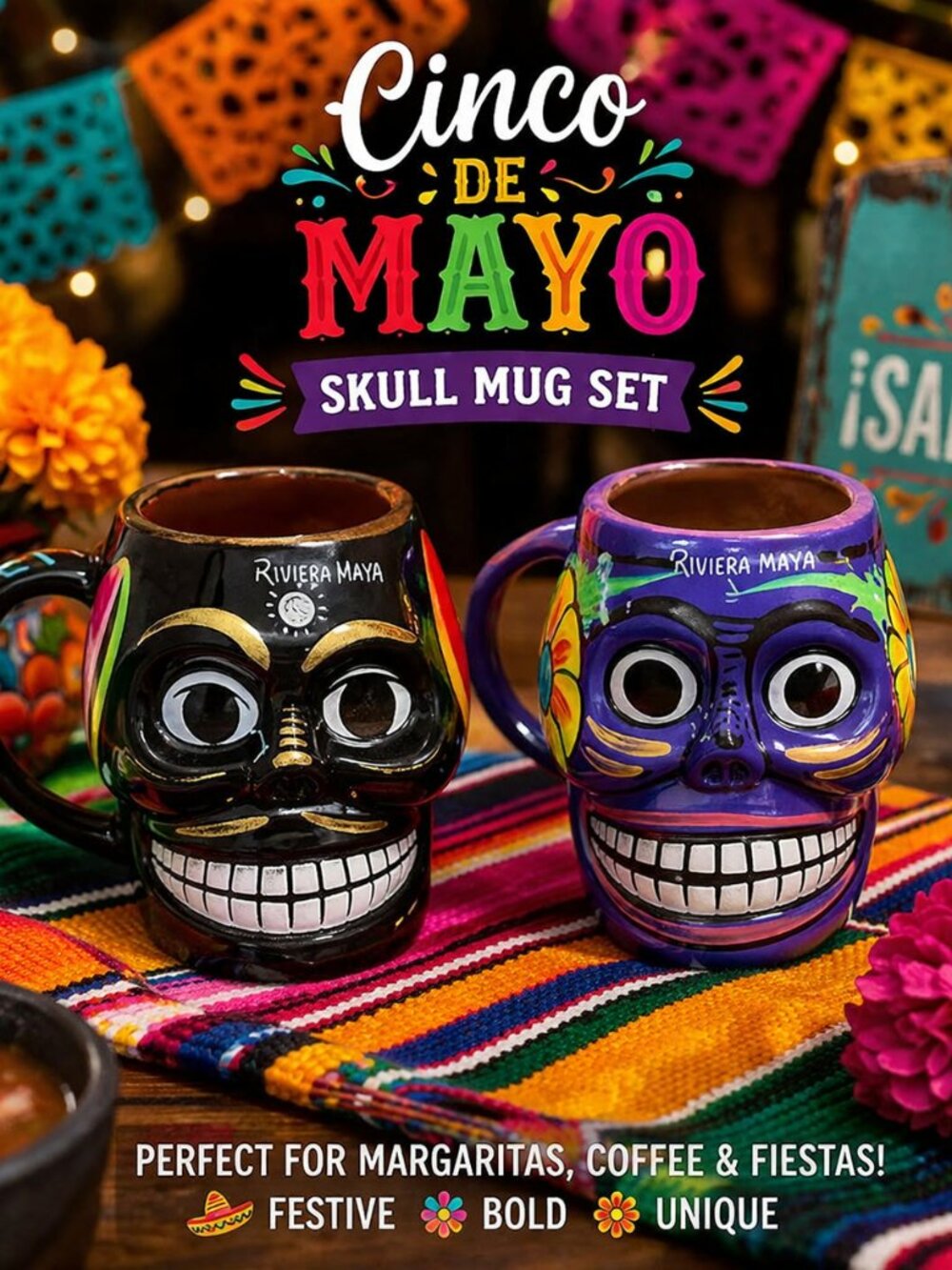 💀🎉 Day of the Dead Skull Mugs – Set of 2 🎉💀